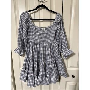 Mable Smocked Tiered Mini Dress 3/4 Puff Sleeve Sz Small Boho Hippie Coastal